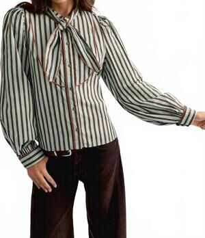 NEW &MERCI striped button down top in green/ brown